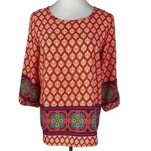 Yahada Damask Print Flowy Blouse Women's Small Orange‎ 3/4 Sleeve
